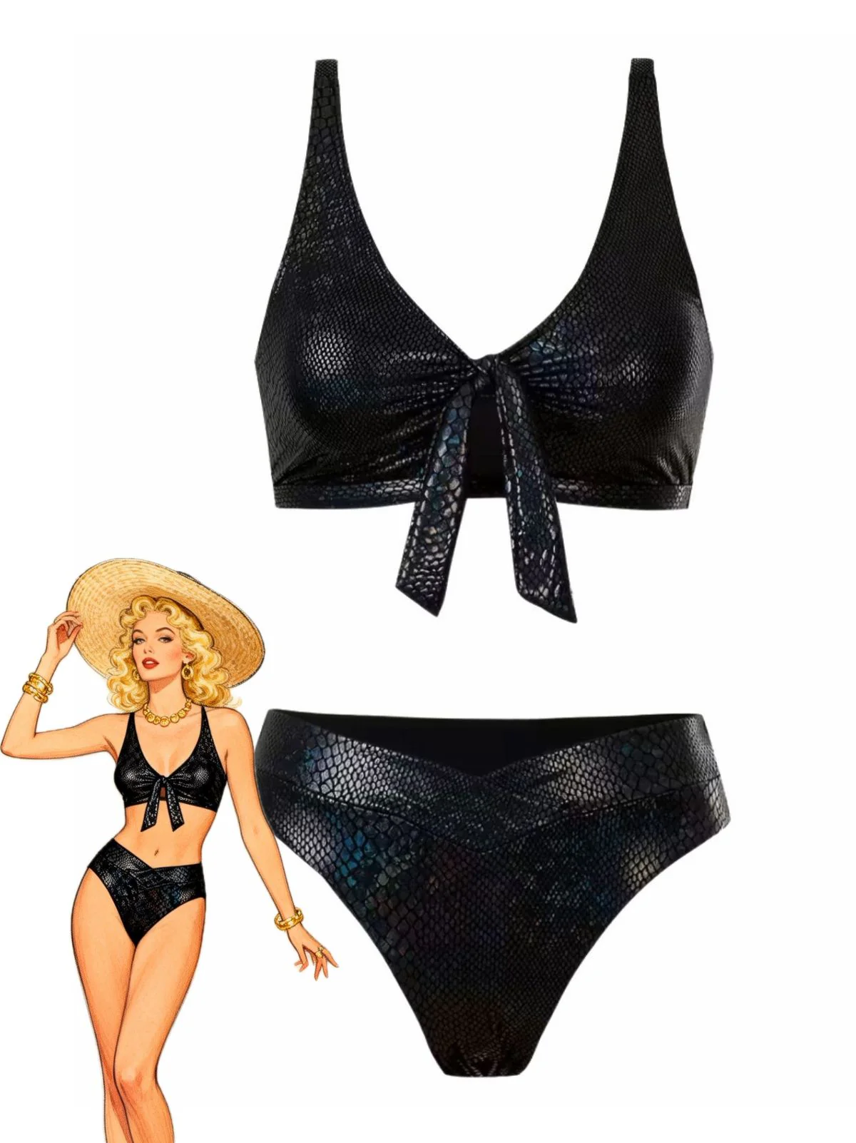 1970s Snakeskin Metallic Tie-Front Bikini Set