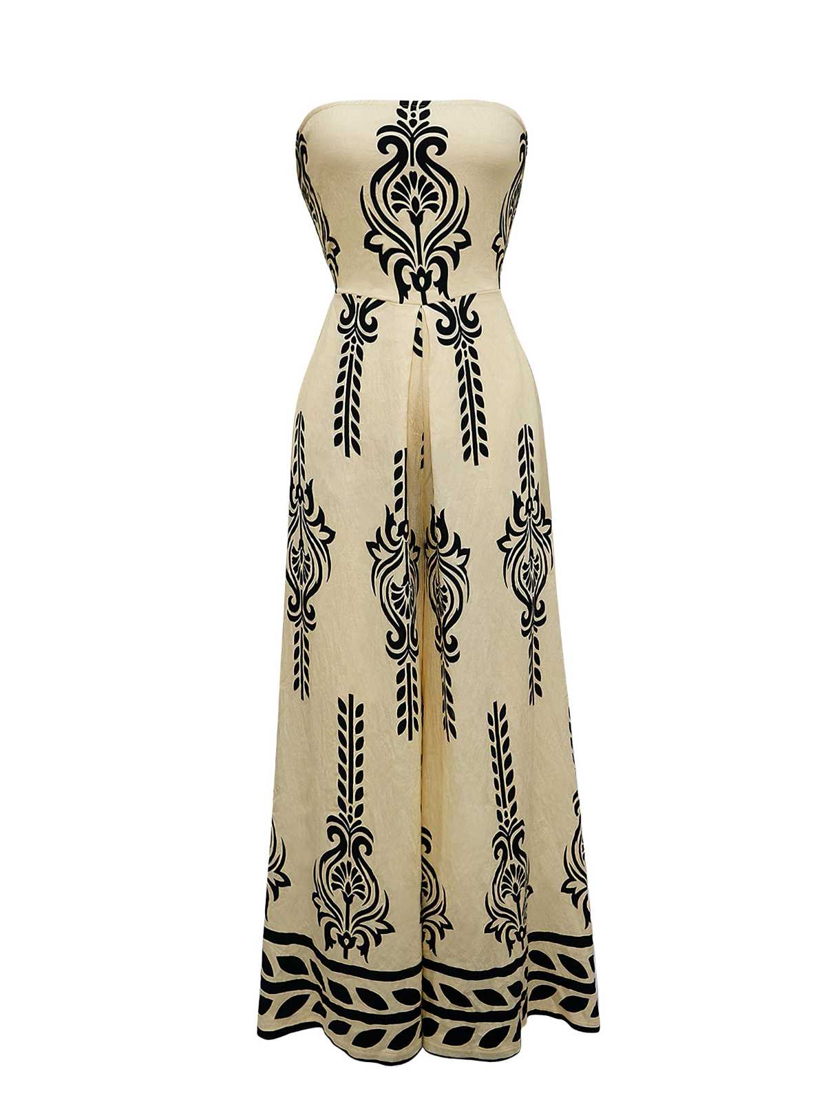1970s Strapless Boho Tribal Printed Wide-Leg Jumpsuit