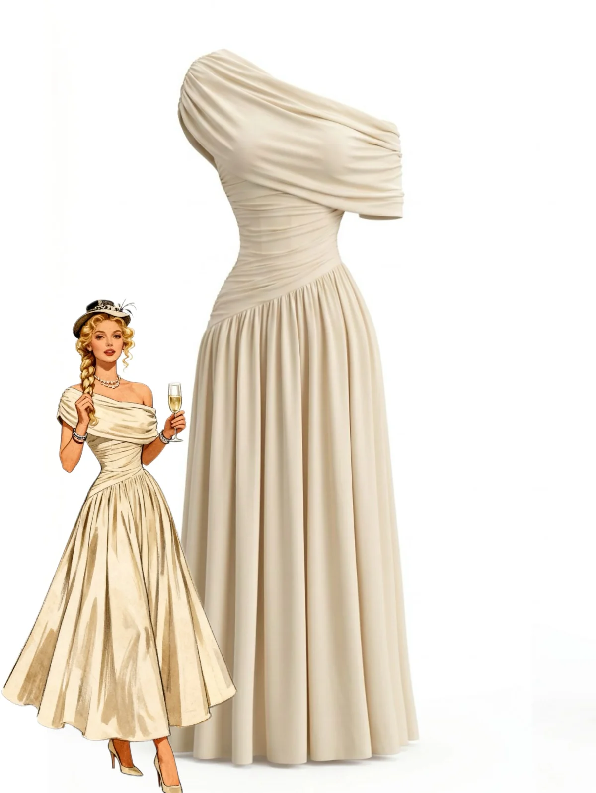 1970s Surplice One Shoulder Ruched Dress