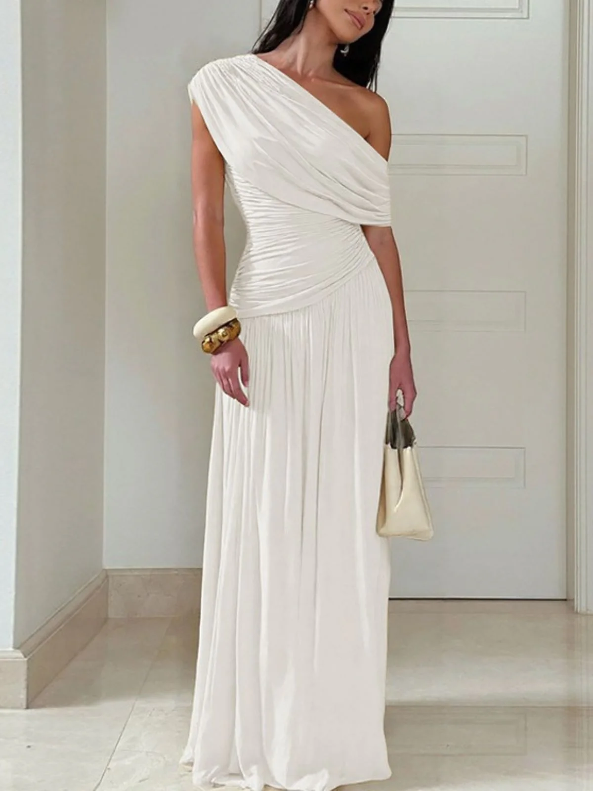 1970s Surplice One Shoulder Ruched Dress - Image 7