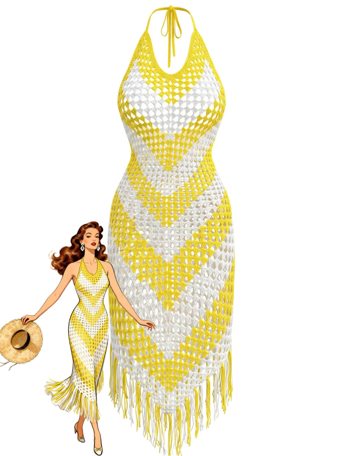 1970s V-Neck Crochet Fringe Cover-Up Dress
