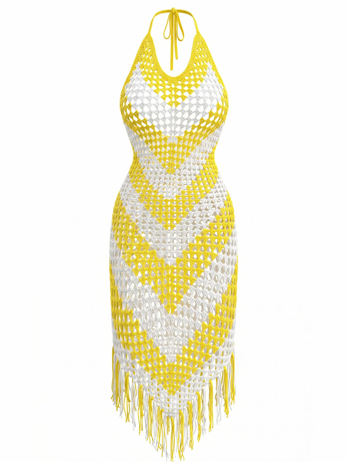 1970s V-Neck Crochet Fringe Cover-Up Dress - Image 2