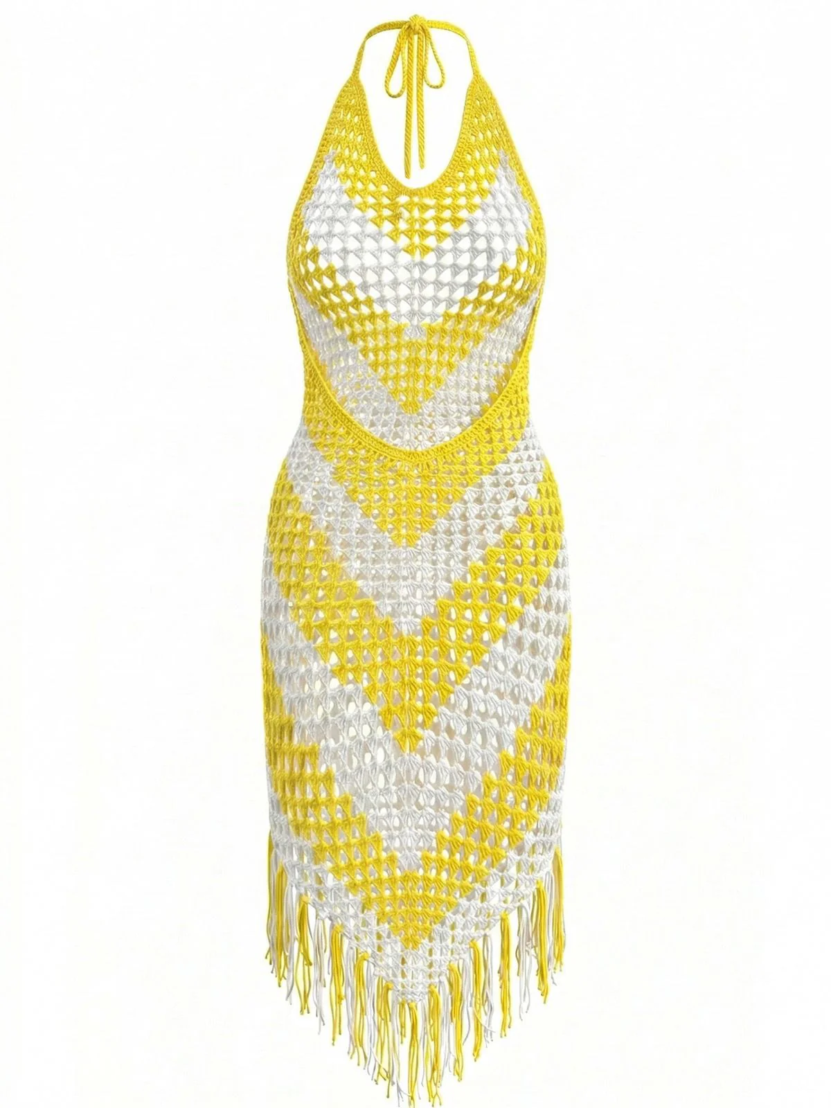 1970s V-Neck Crochet Fringe Cover-Up Dress - Image 3