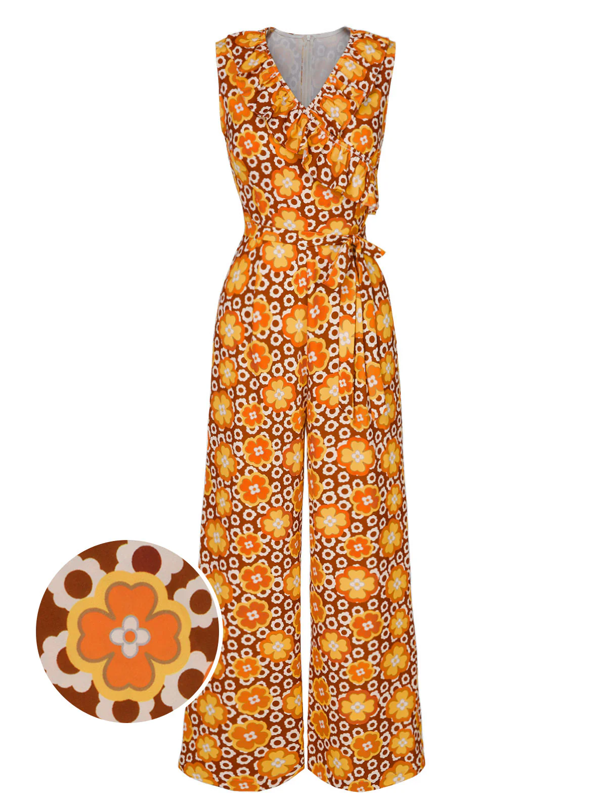 1970s V-Neck Floral Belted Sleeveless Jumpsuit - Image 2