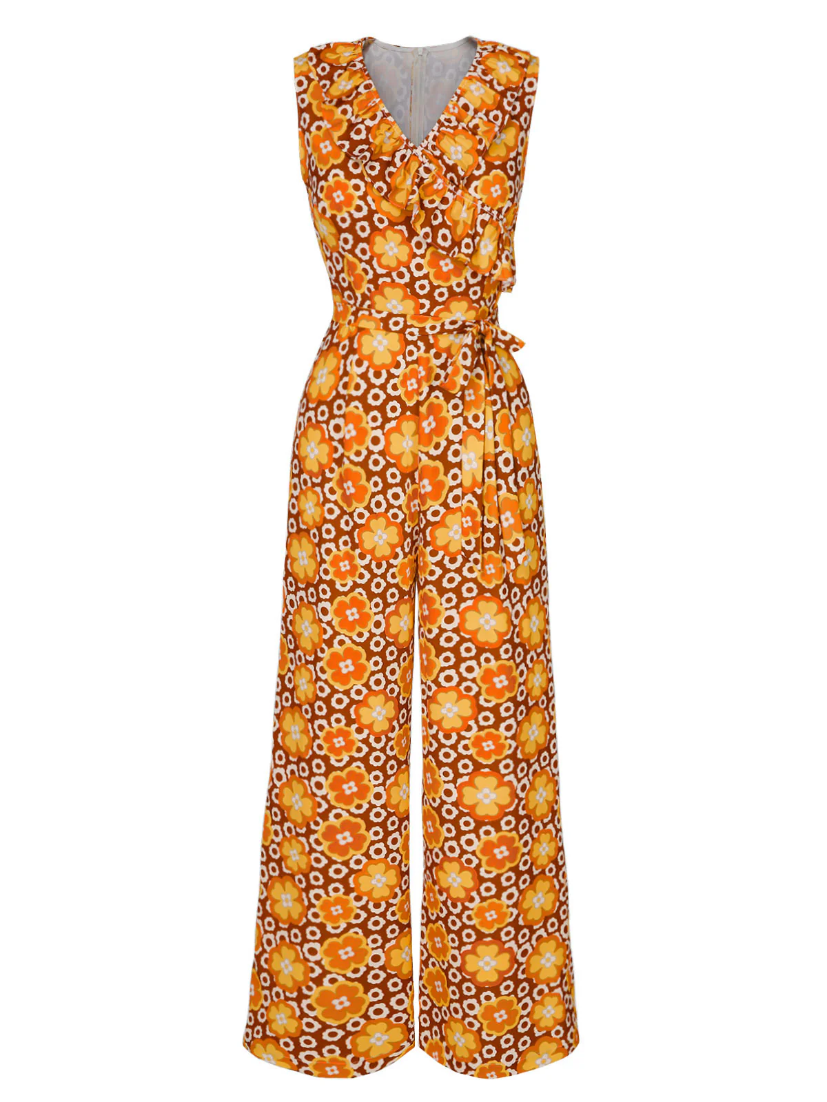 1970s V-Neck Floral Belted Sleeveless Jumpsuit - Image 3