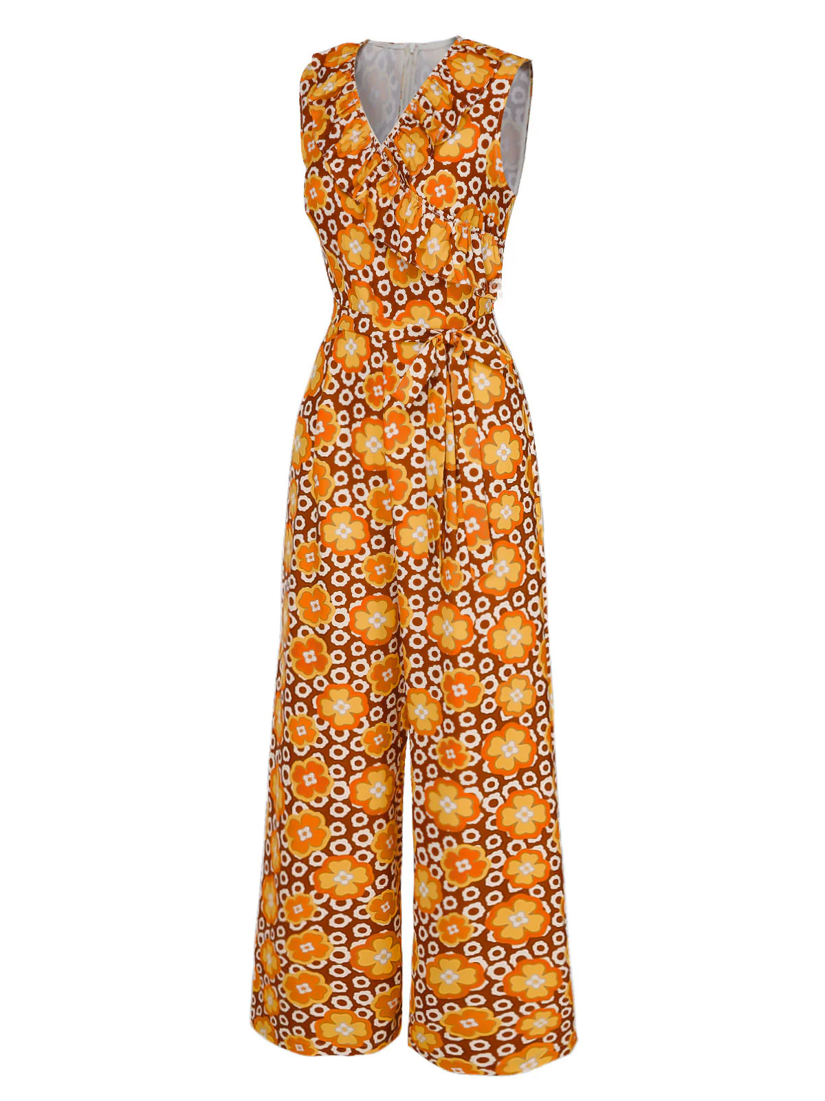 1970s V-Neck Floral Belted Sleeveless Jumpsuit - Image 4