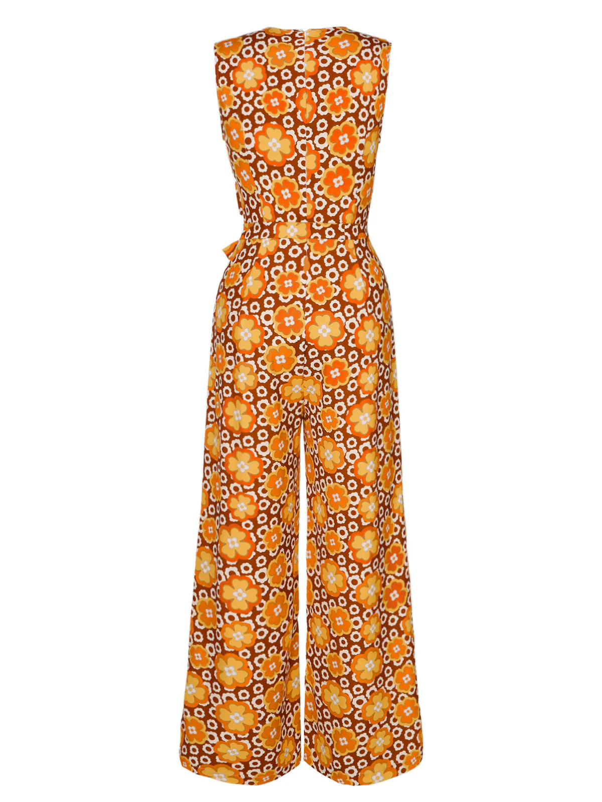 1970s V-Neck Floral Belted Sleeveless Jumpsuit - Image 5