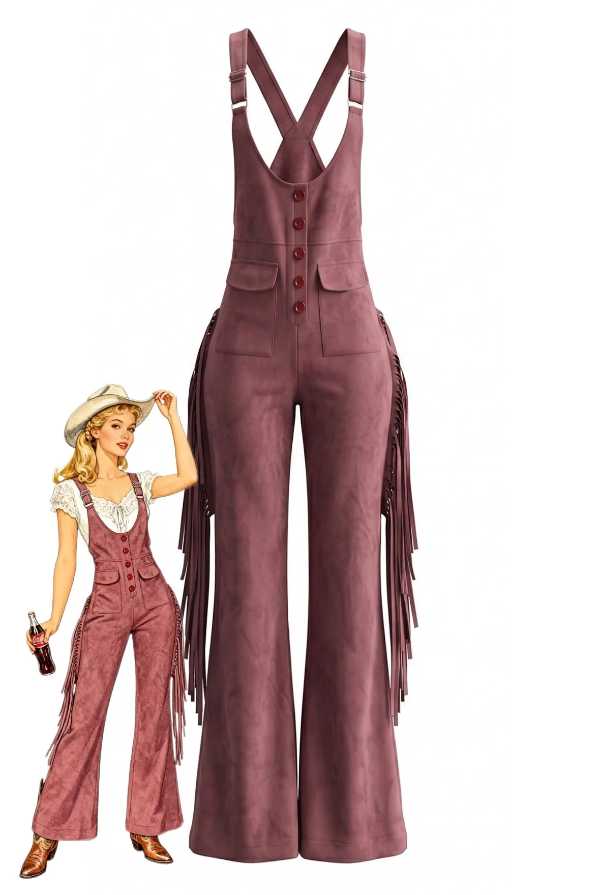 1970s Western Fringe Strap Flared Suede Jumpsuit