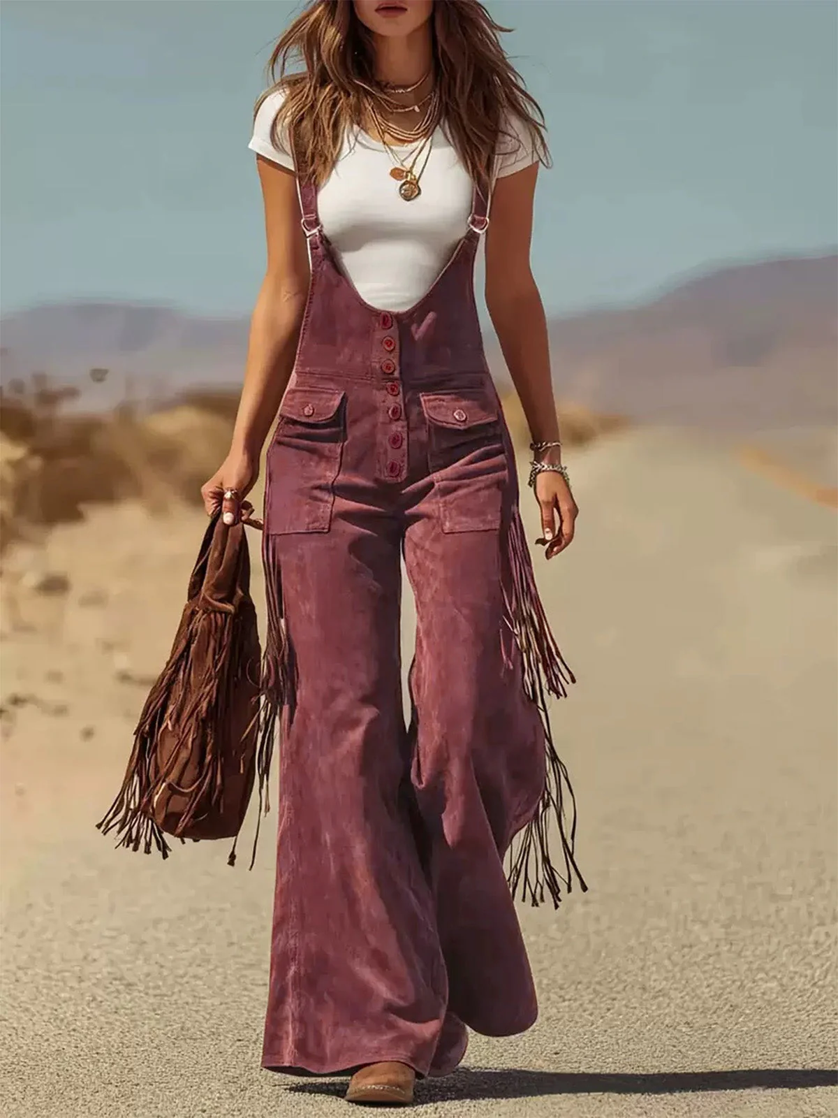 1970s Western Fringe Strap Flared Suede Jumpsuit - Image 2