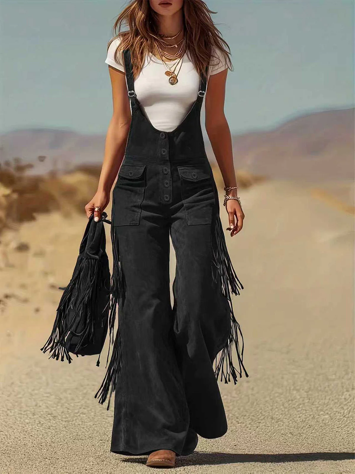 1970s Western Fringe Strap Flared Suede Jumpsuit - Image 5