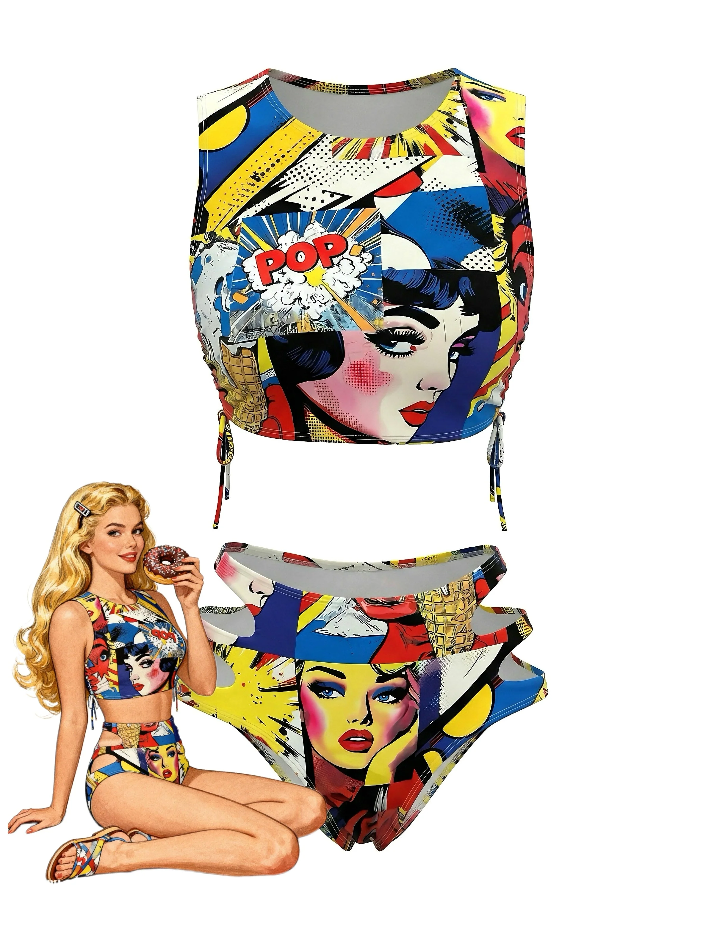 1980s Classic Pop Art Cutout Tankini Set