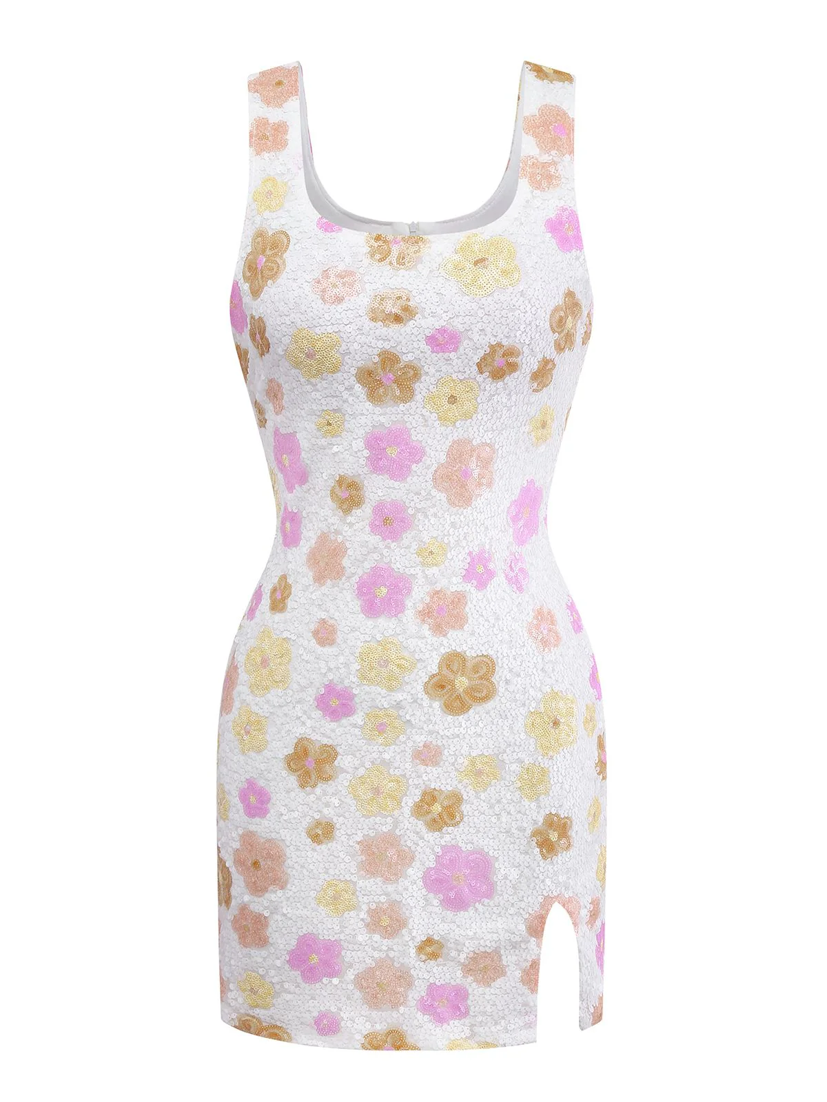 1980s Colorful Floral Sequined Slit Bodycon Dress