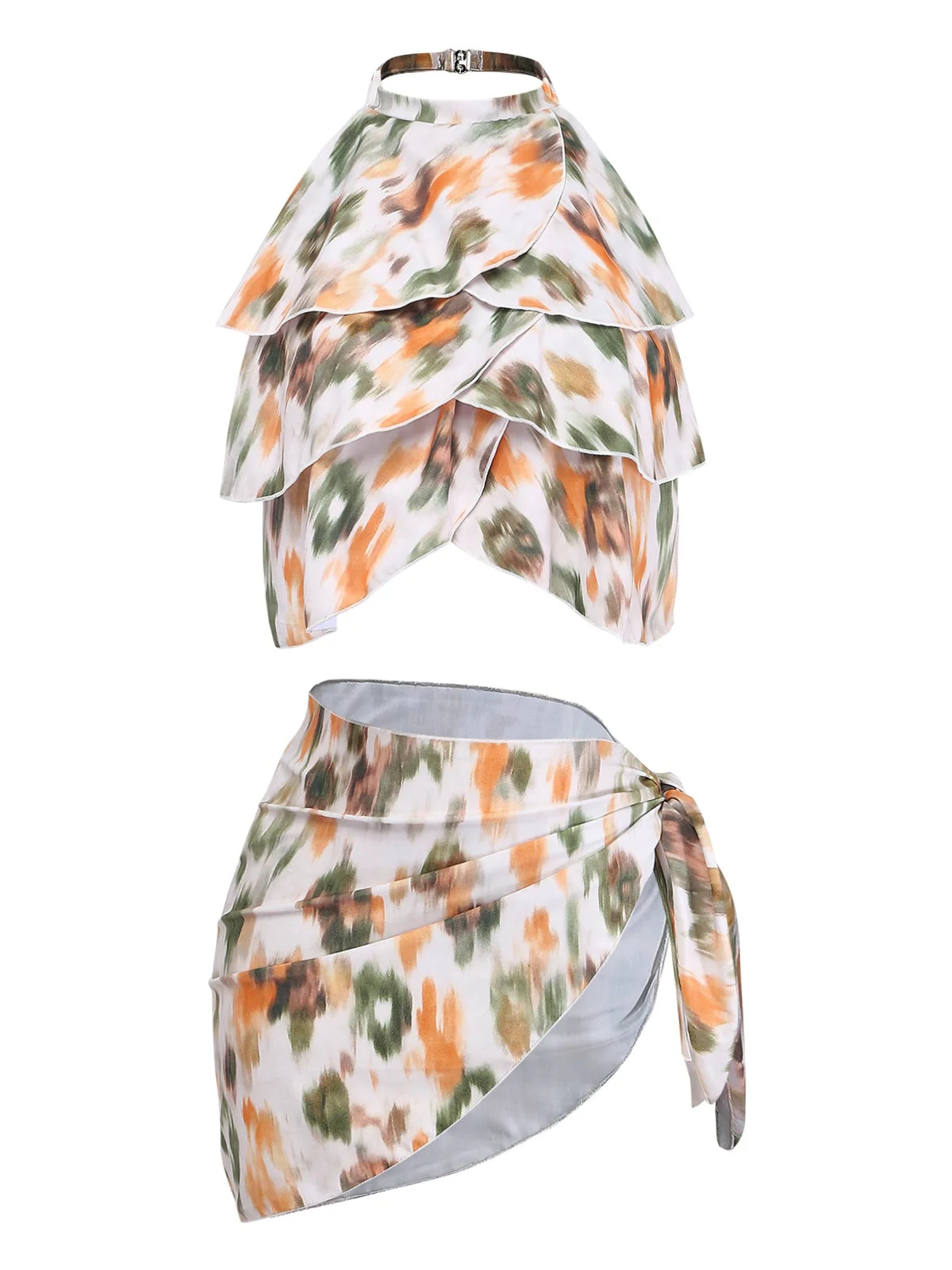 4PCS 1980s Floral Halter Tie Asymmetric Bikini Set & Cover Up