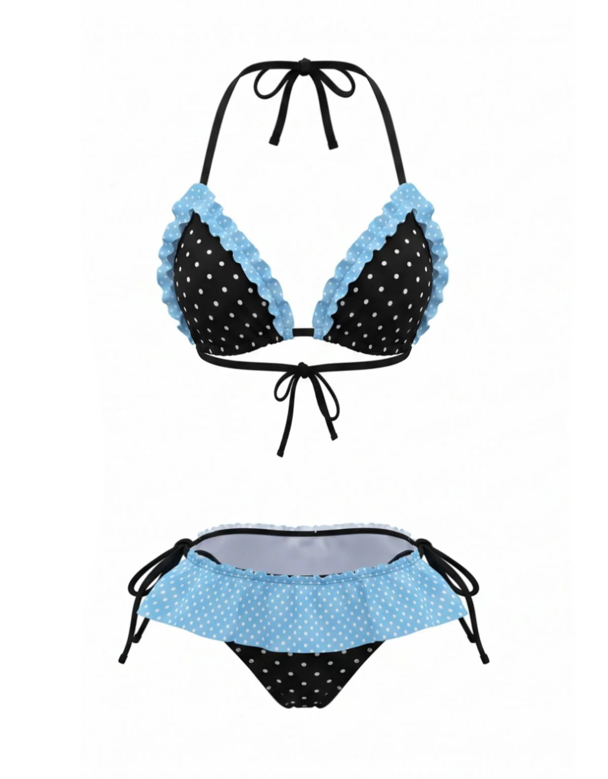 1980s Halter Contrast Polka Dot Ruffle Trim Bikini Set - Image 3