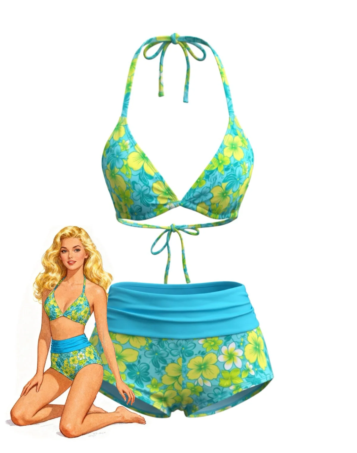 1980s Halter Floral Boy Short Bikini Set