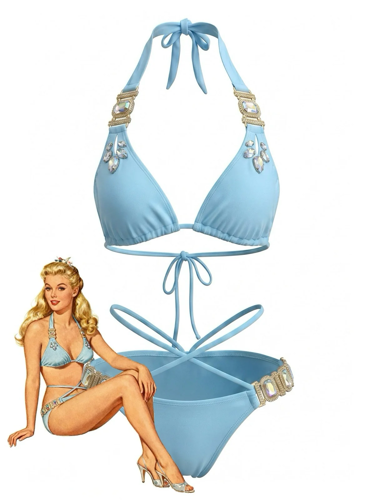 1980s Halter Rhinestone Strappy Bikini Set