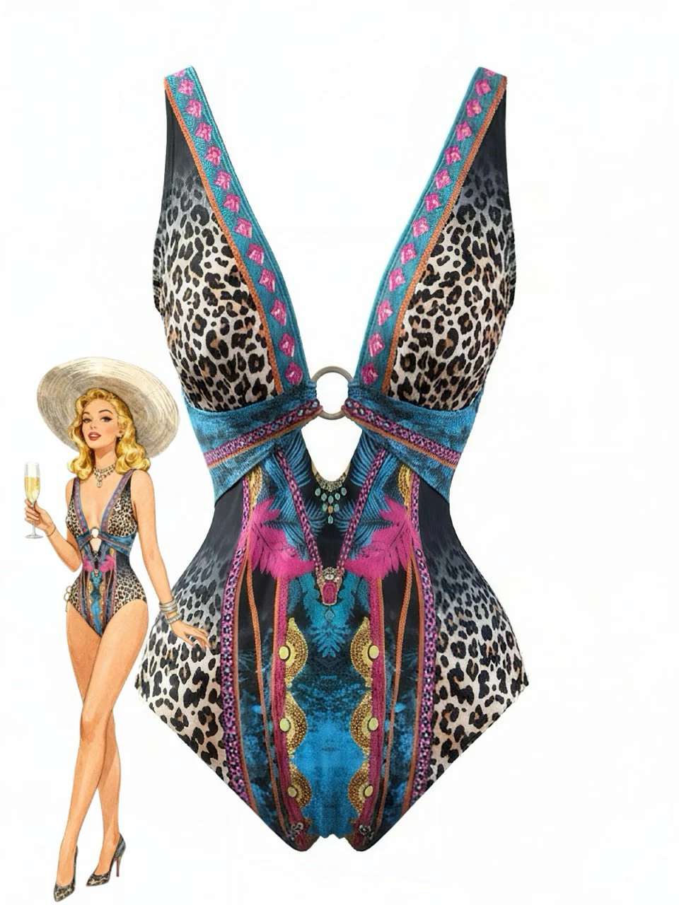 1980s Leopard Deep V-Neck One-Piece Swimsuit