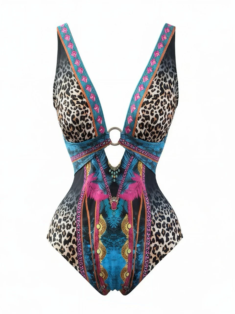1980s Leopard Deep V-Neck One-Piece Swimsuit - Image 2