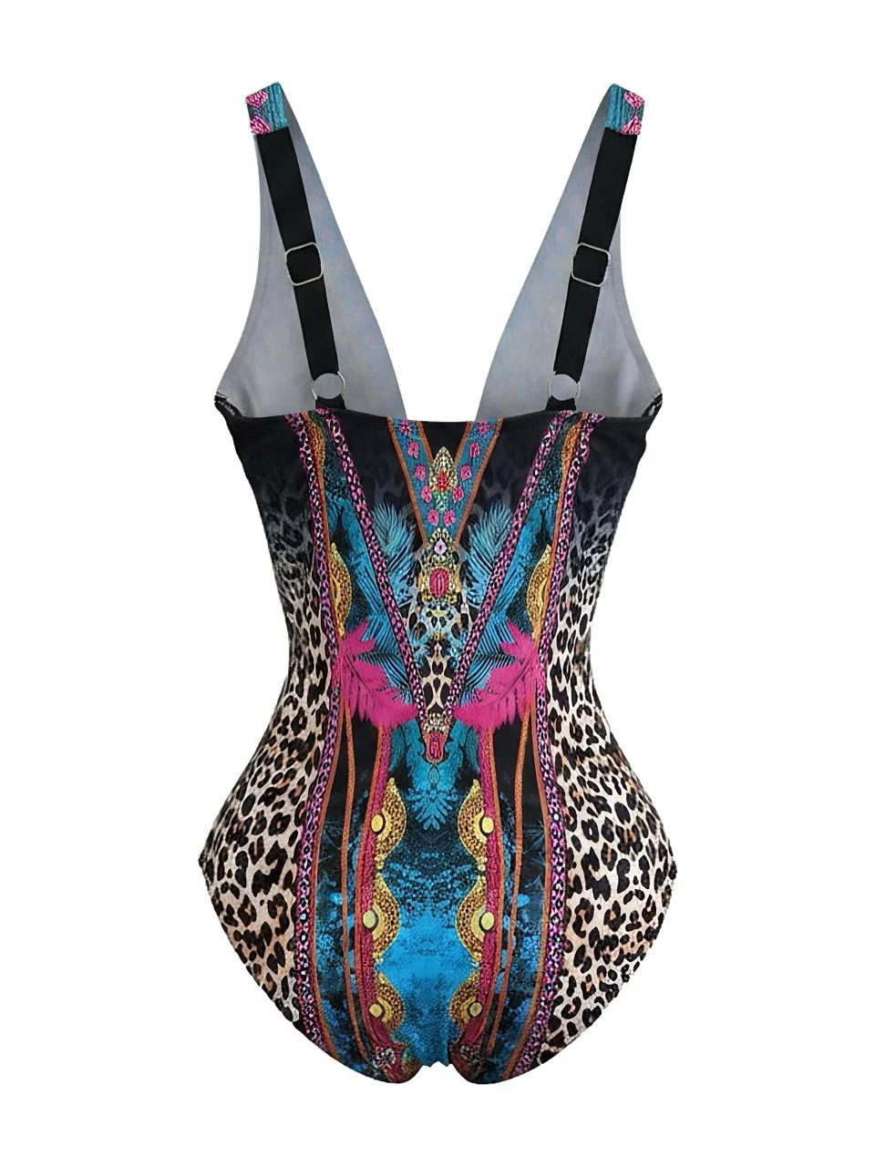 1980s Leopard Deep V-Neck One-Piece Swimsuit - Image 3
