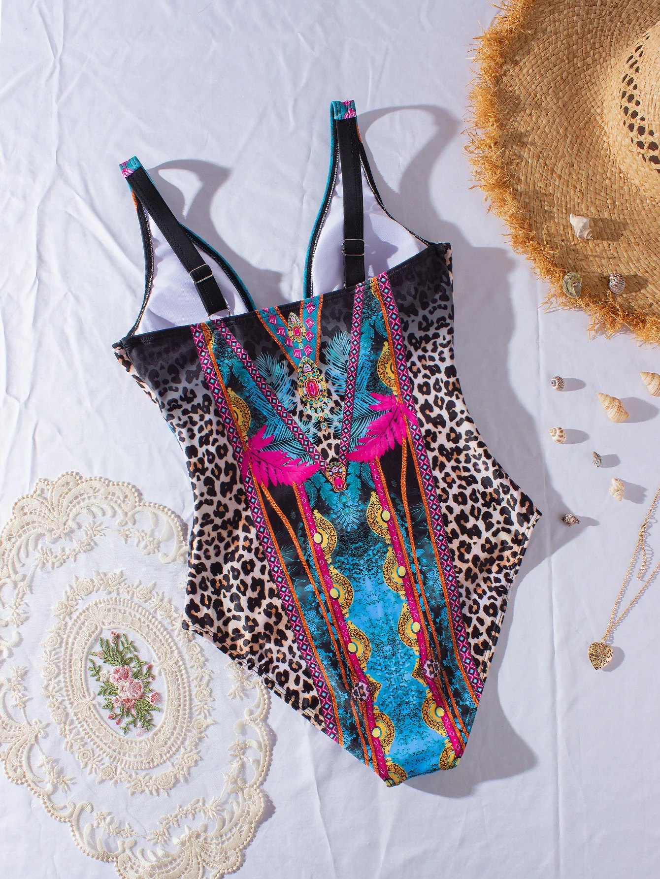 1980s Leopard Deep V-Neck One-Piece Swimsuit - Image 7