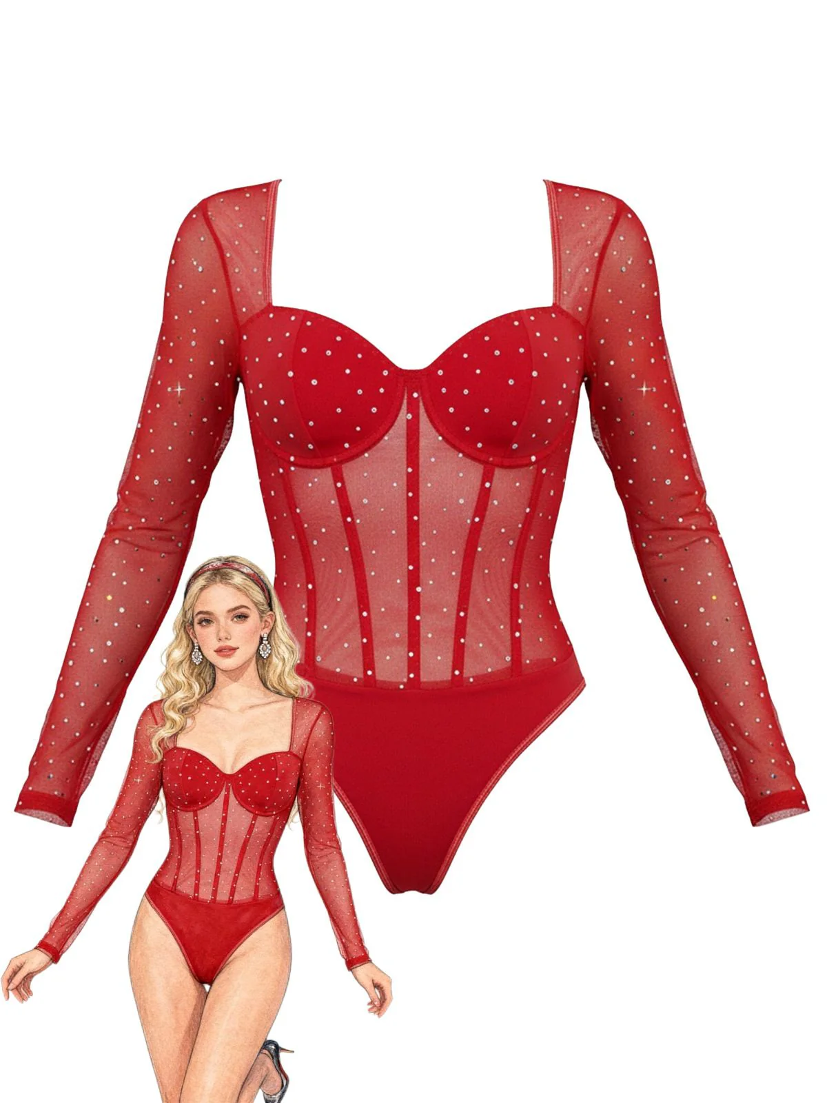 1980s Mesh Sheer Glitter Boned Long Sleeve Bodysuit