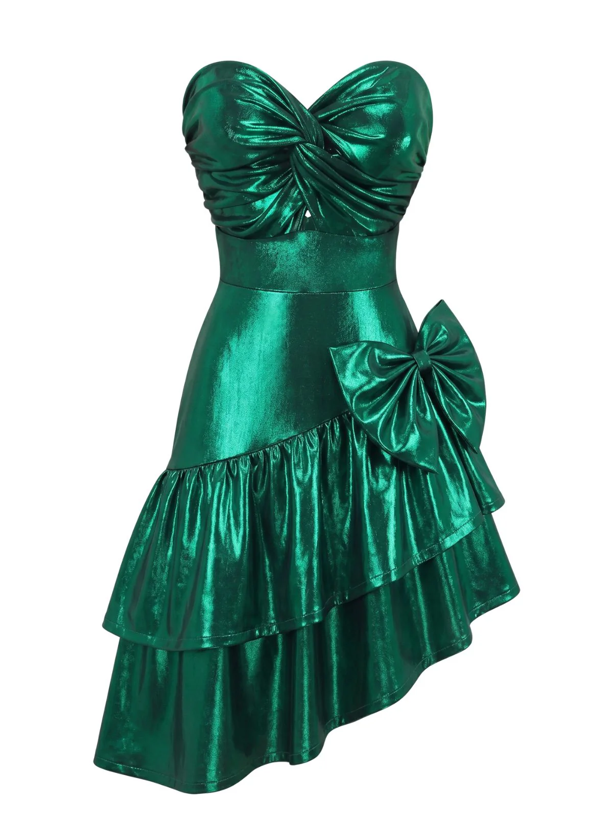 [Pre-Sale] 1980s Metallic Strapless Bow Asymmetrical Ruffle Dress