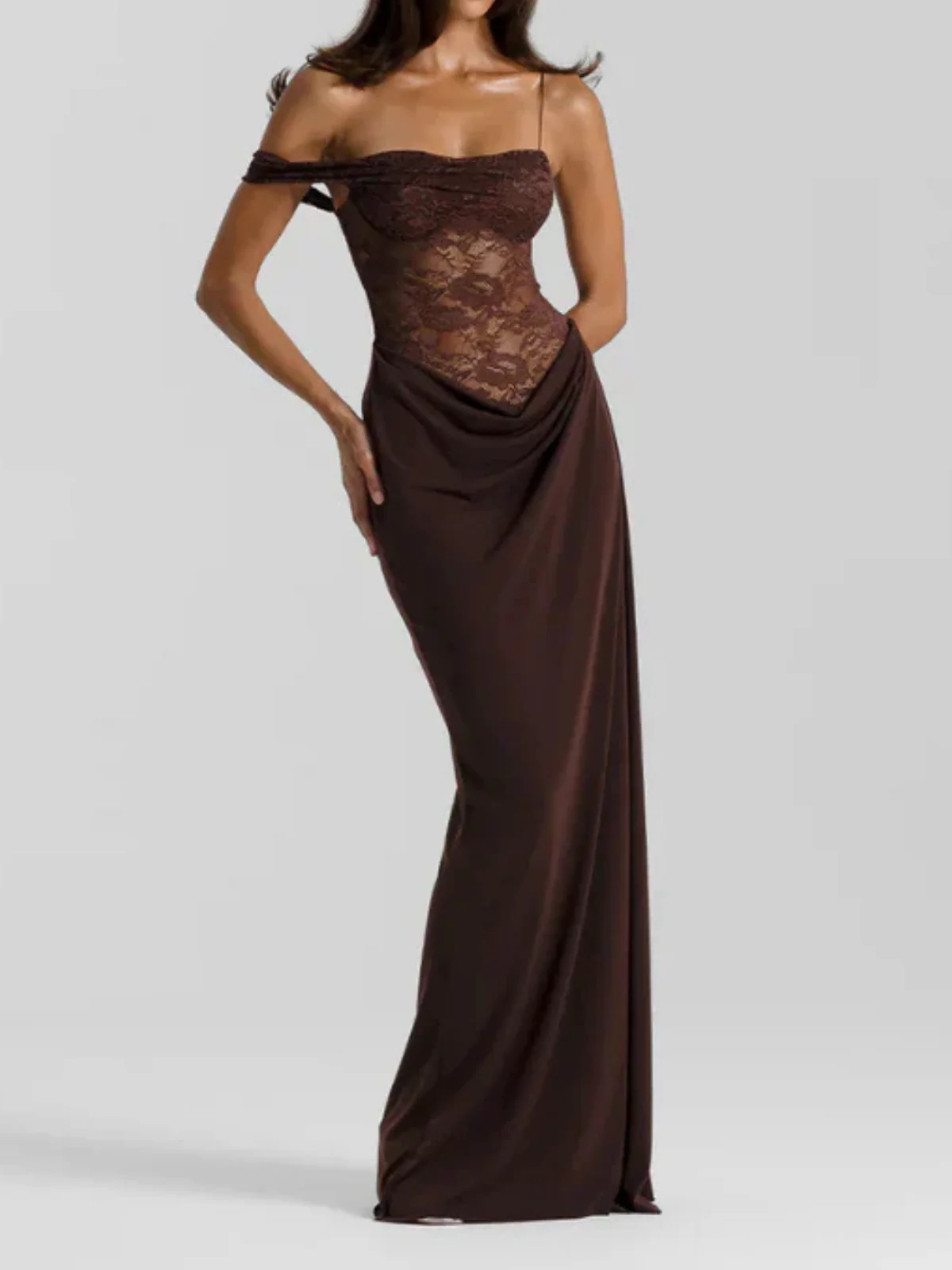 1980s Off-Shoulder Lace Bodice Maxi Dress