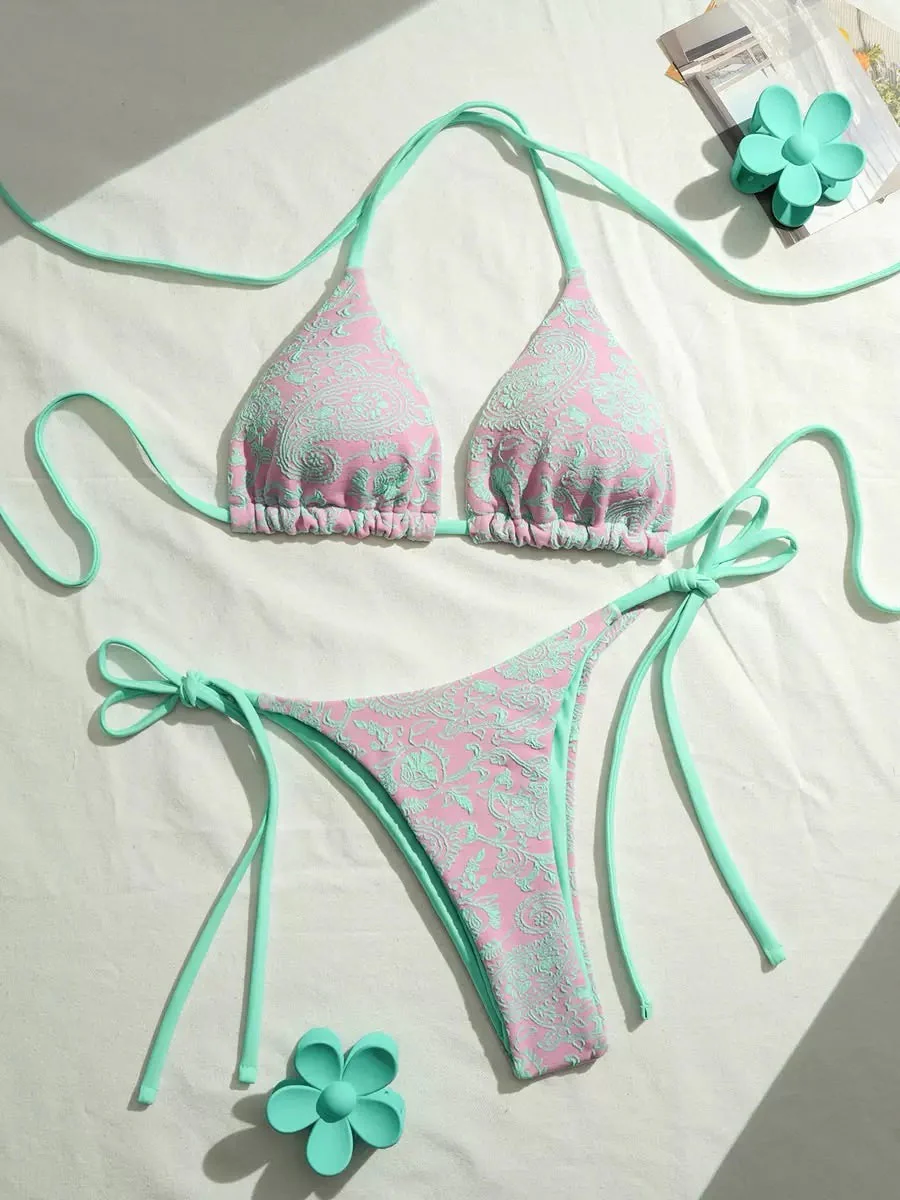 1980s Paisley Print Halter Tie Bikini Set - Image 2