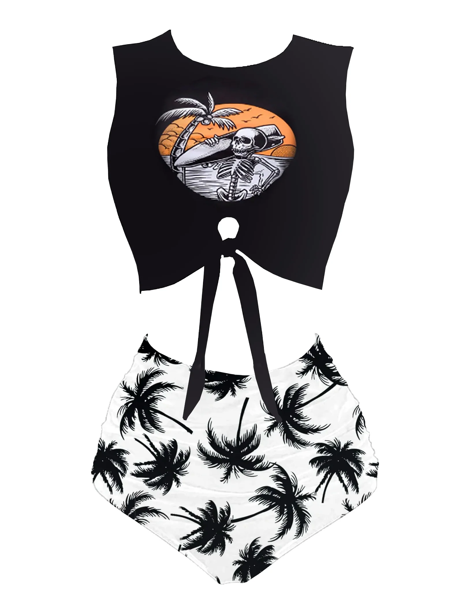 Wine Red 1980s Punk Waist Tie Skeleton Beach Print Bikini Set - Image 3