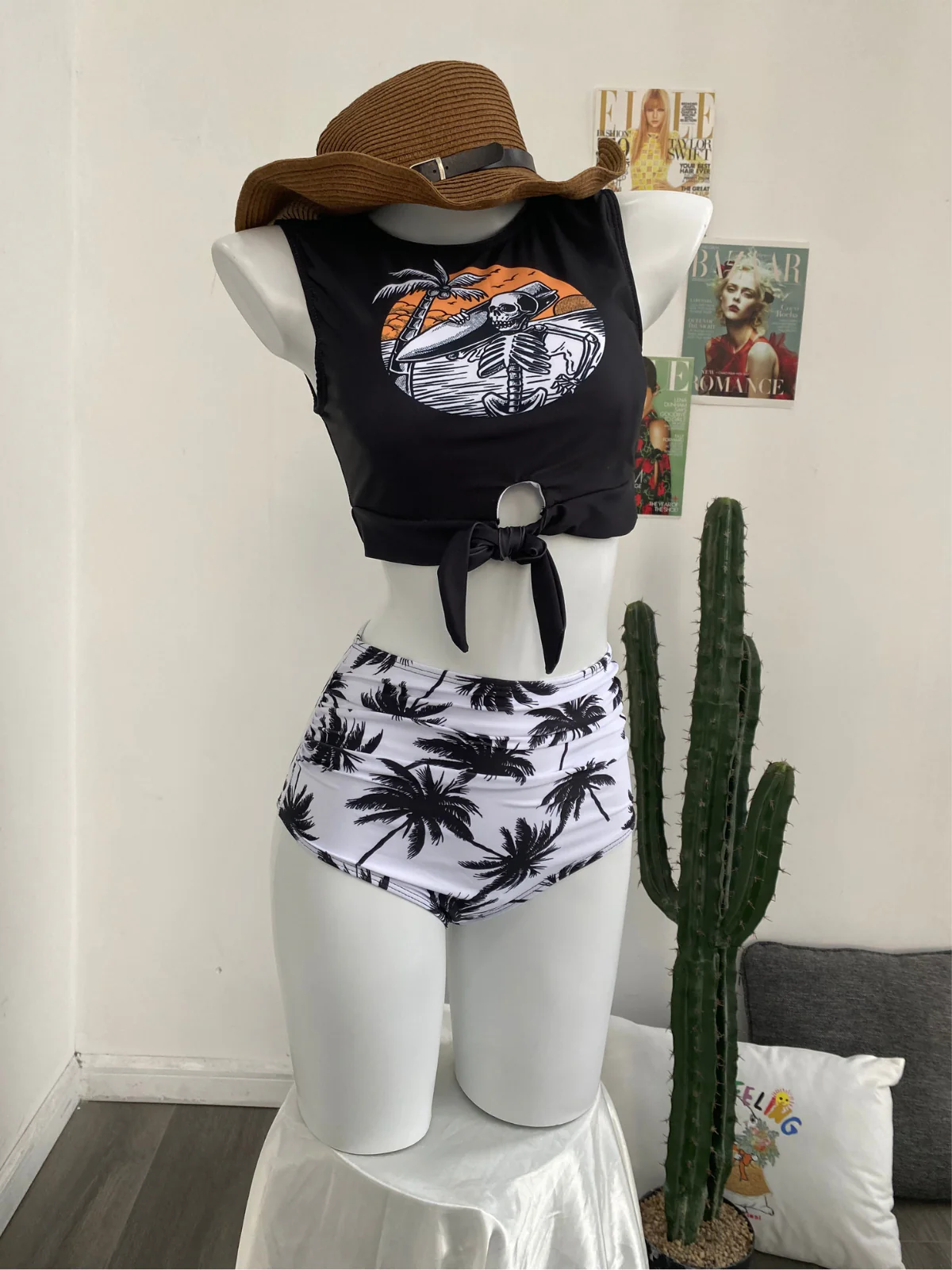 Wine Red 1980s Punk Waist Tie Skeleton Beach Print Bikini Set - Image 5