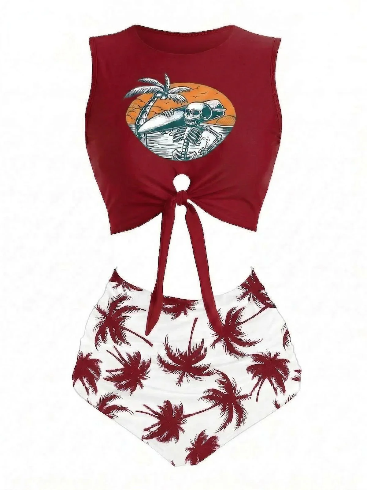 Wine Red 1980s Punk Waist Tie Skeleton Beach Print Bikini Set
