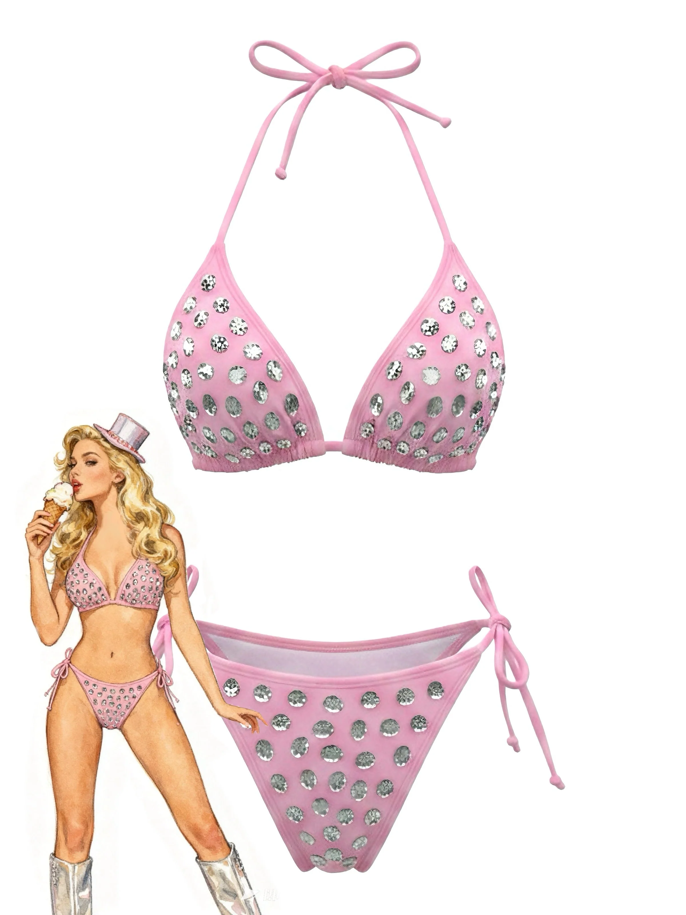 1980s Rhinestone Halter Triangle Bikini Set