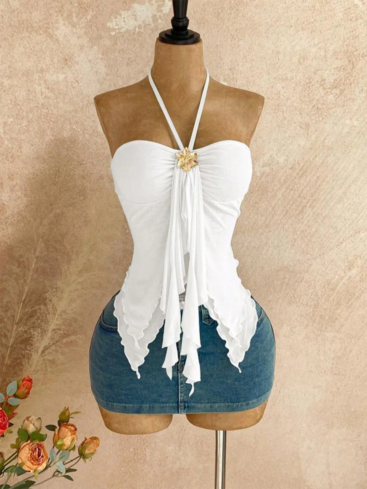1980s Sheer Mesh Gold Flower Accent Halter Top - Image 11