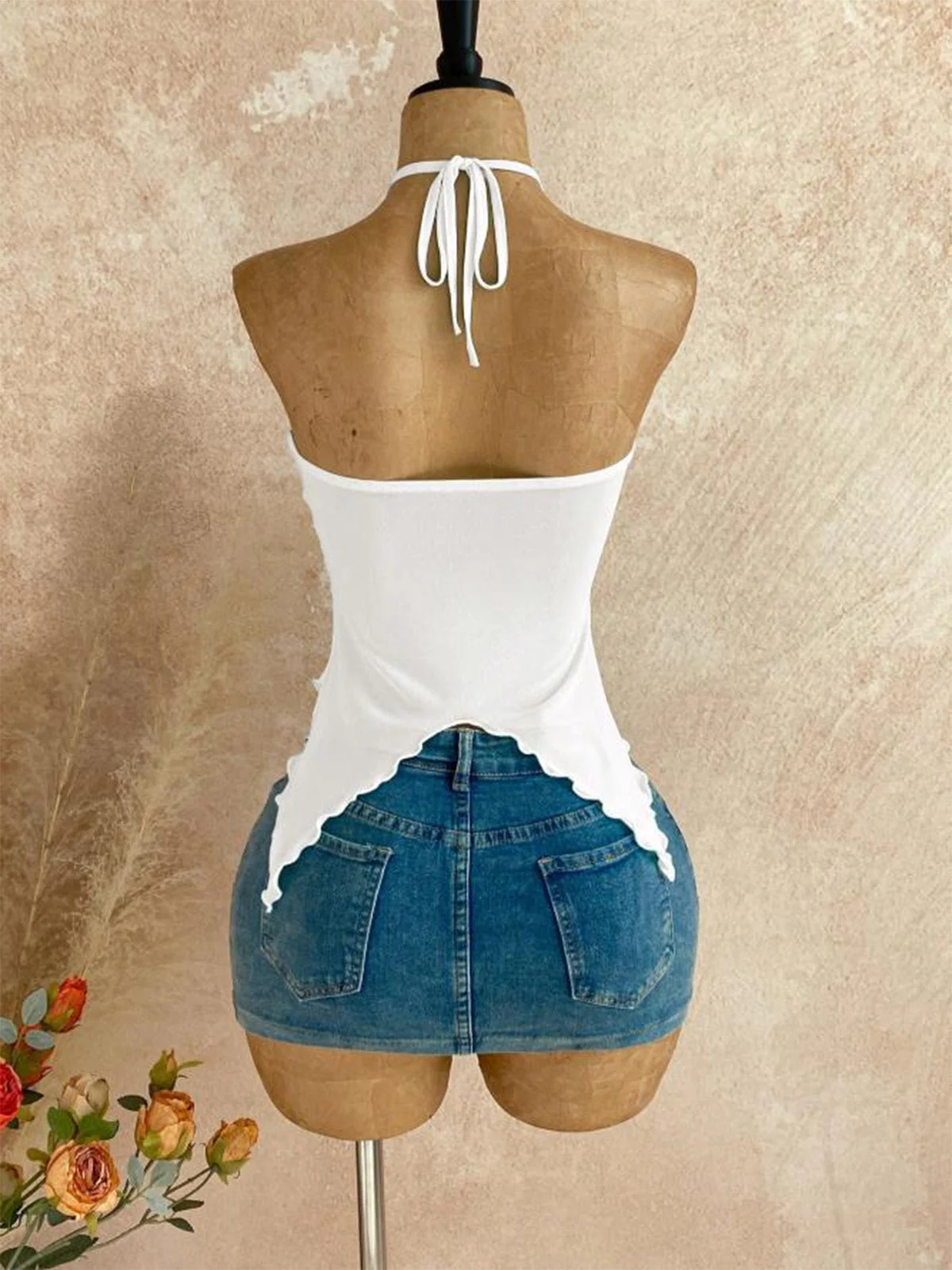 1980s Sheer Mesh Gold Flower Accent Halter Top - Image 12