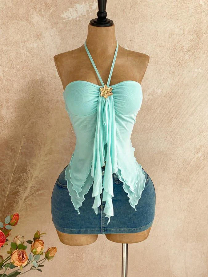 1980s Sheer Mesh Gold Flower Accent Halter Top - Image 3