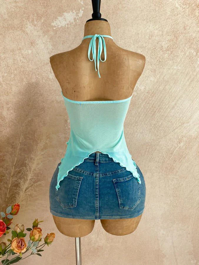 1980s Sheer Mesh Gold Flower Accent Halter Top - Image 4