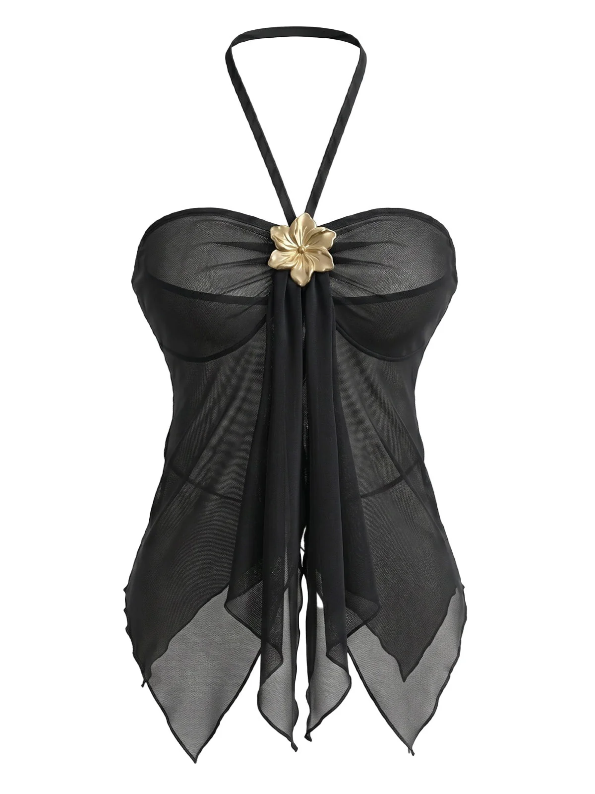 1980s Sheer Mesh Gold Flower Accent Halter Top - Image 5
