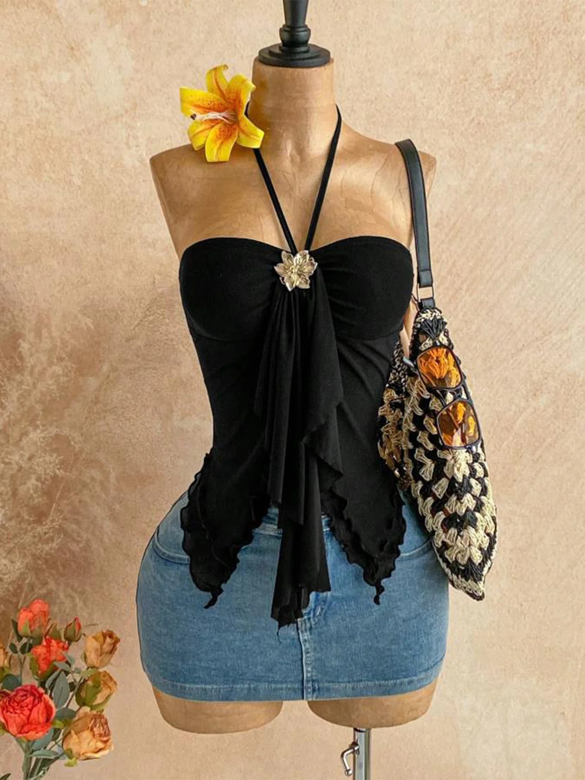1980s Sheer Mesh Gold Flower Accent Halter Top - Image 7