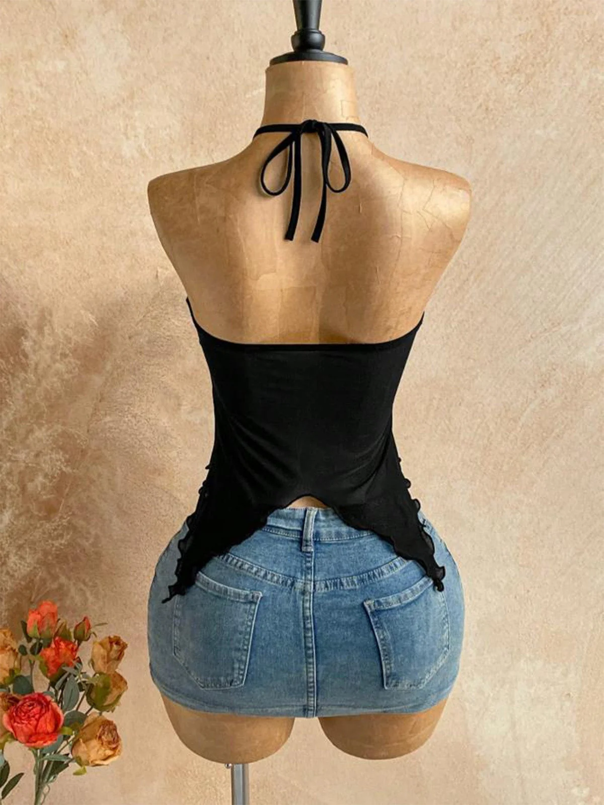 1980s Sheer Mesh Gold Flower Accent Halter Top - Image 8