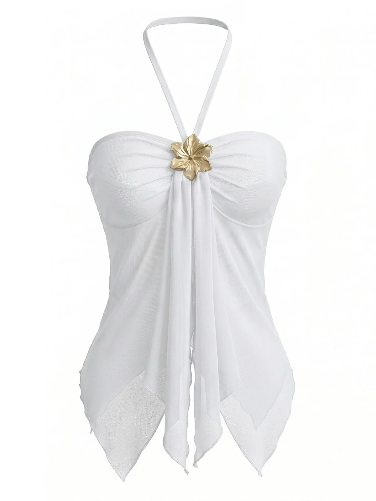 1980s Sheer Mesh Gold Flower Accent Halter Top - Image 9
