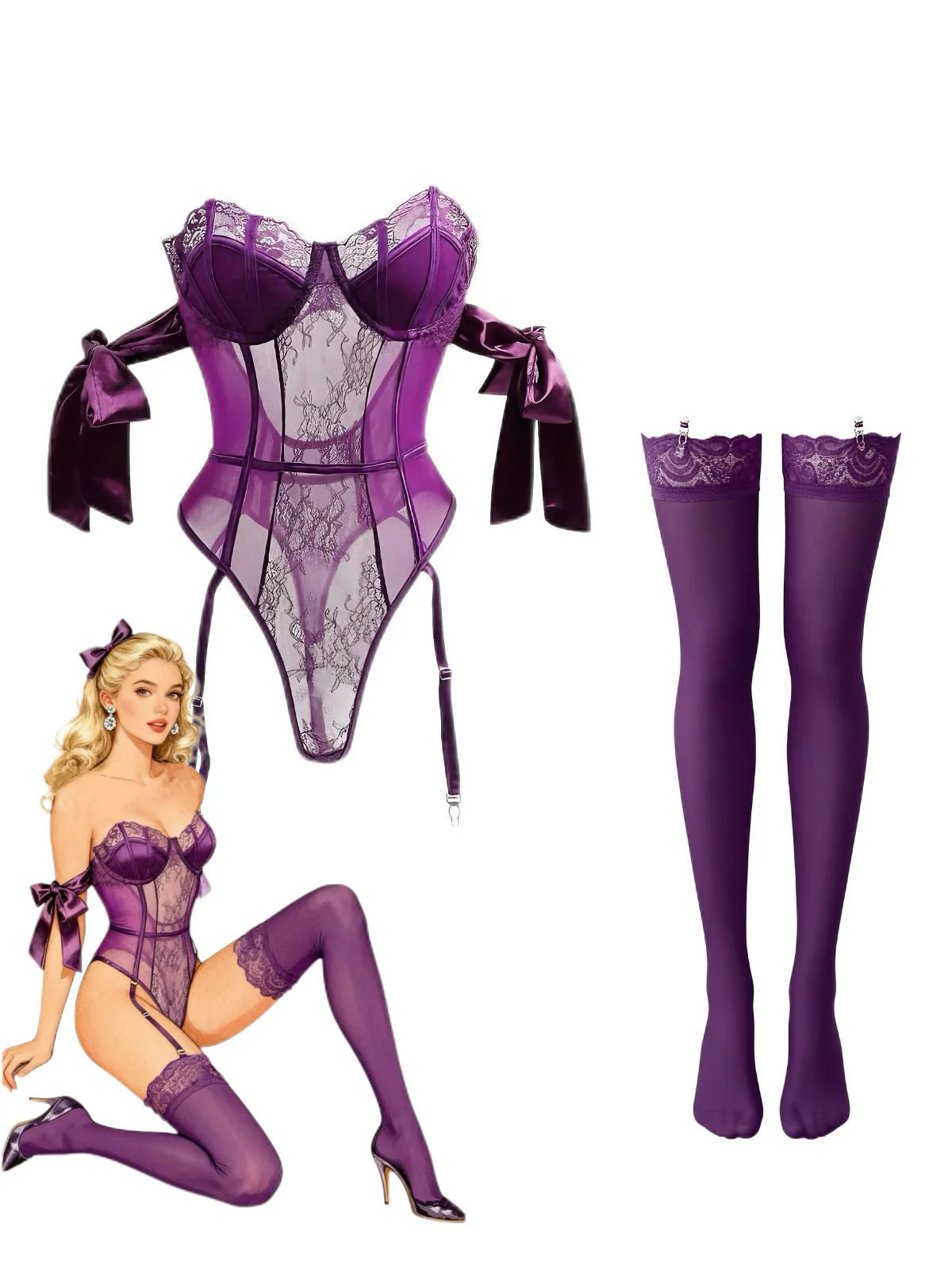 1980s Solid Bow Tie Bodysuit Pajama With Stockings Set