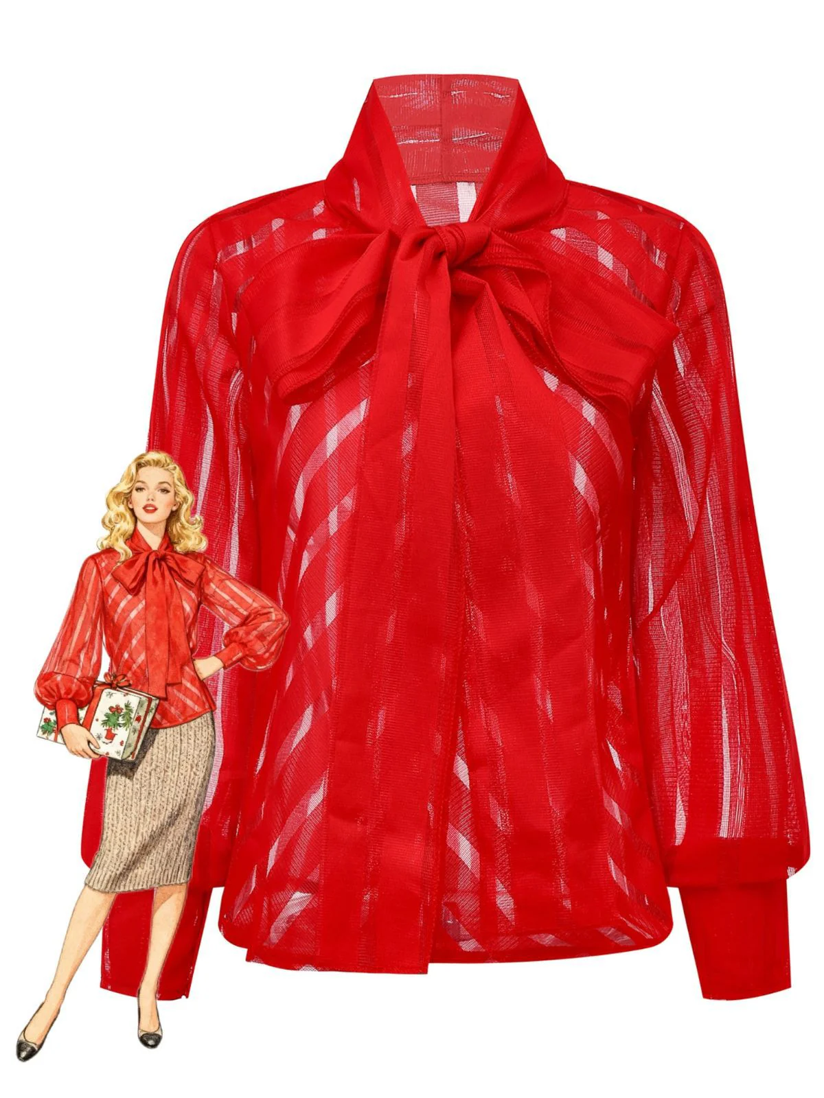 1980s Solid Sheer Mesh Striped Bow Tie Blouse