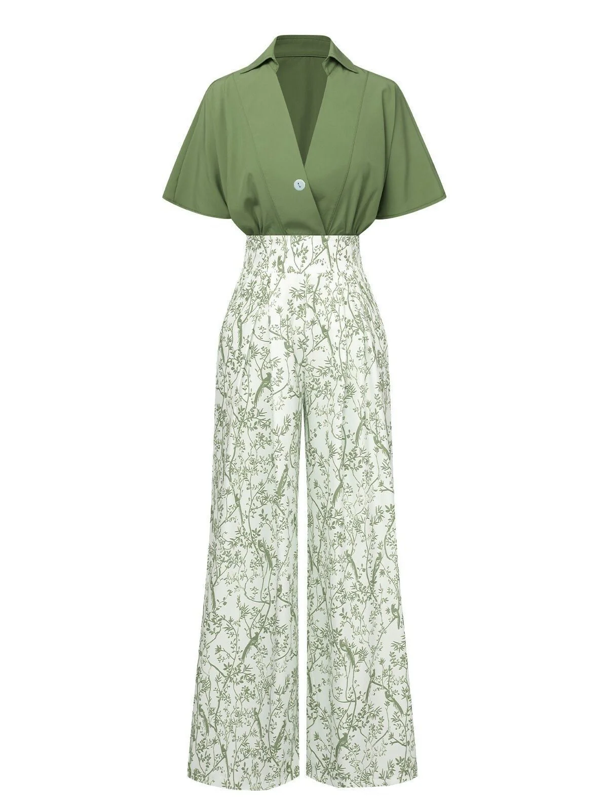 2PCS 1930s Dolman Sleeve Lapel Blouse & Floral Pants
