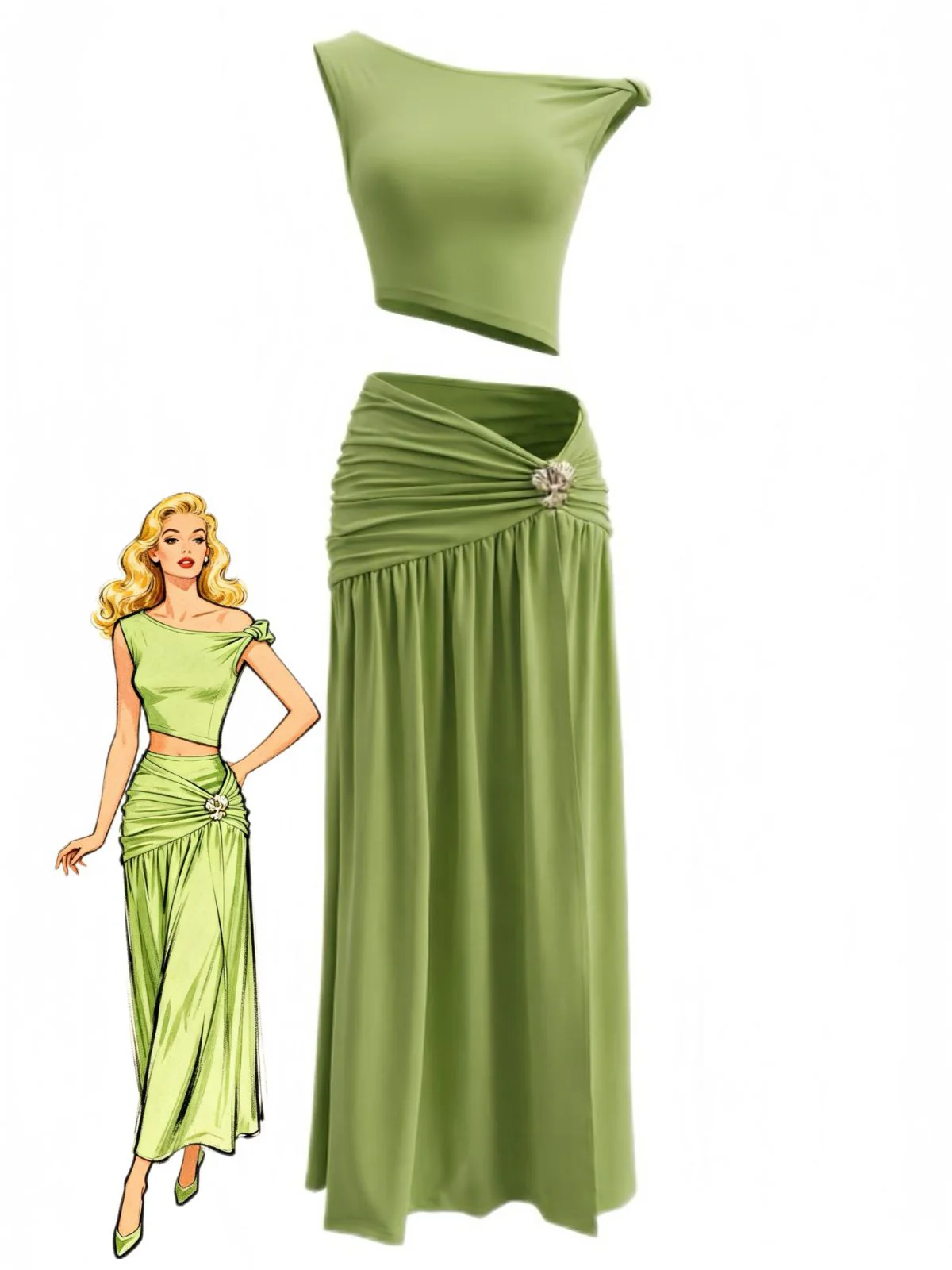 2PCS 1930s Off-Shoulder Top & Slit Ruched Maxi Skirt