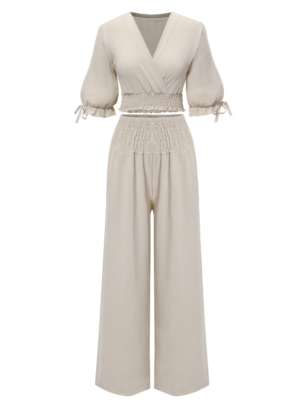 2PCS 1930s Solid V-Neck Smocked Top & Wide-Leg Pants