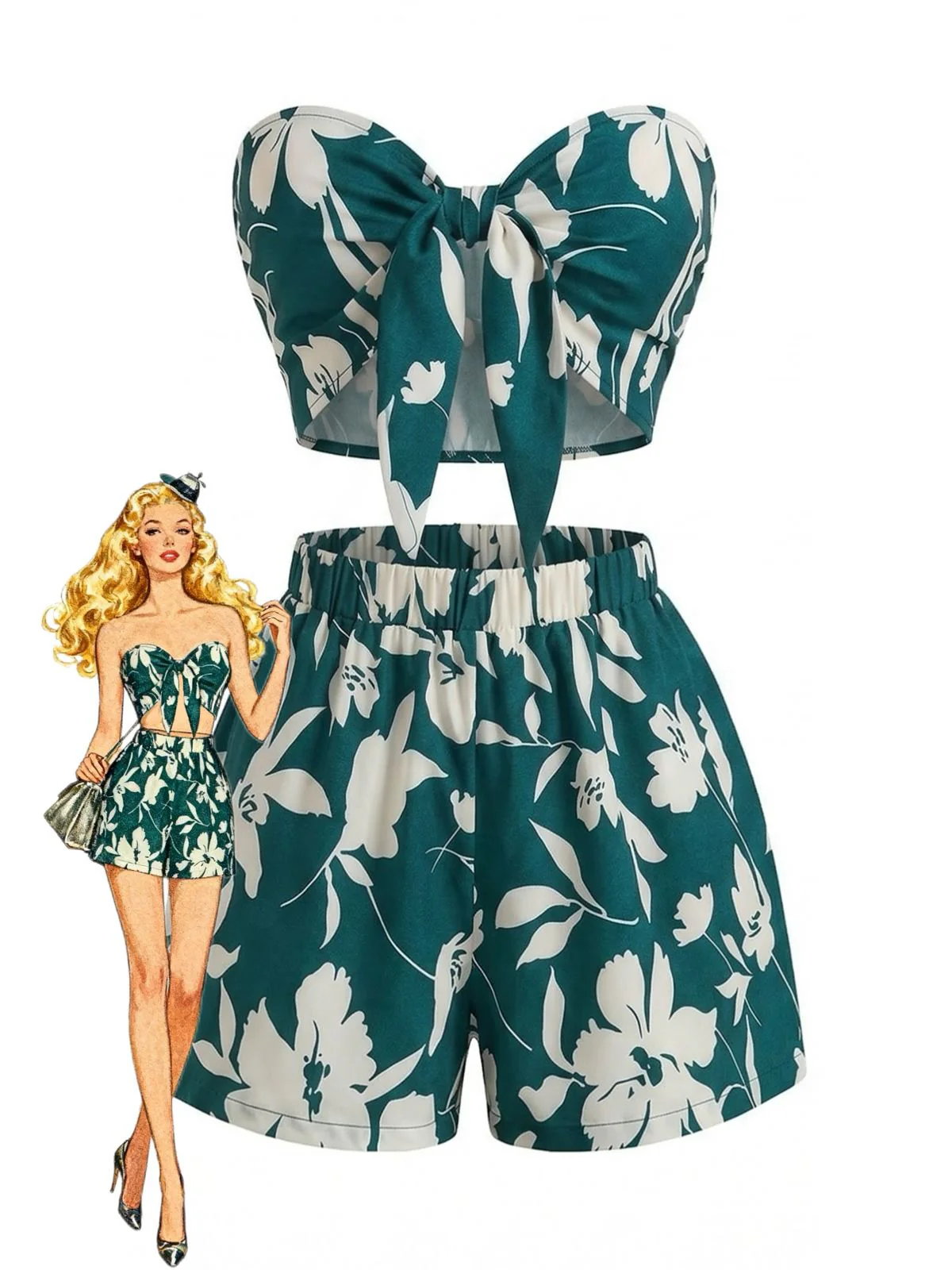 2PCS 1930s Tropical Floral Print Strapless & Shorts Set