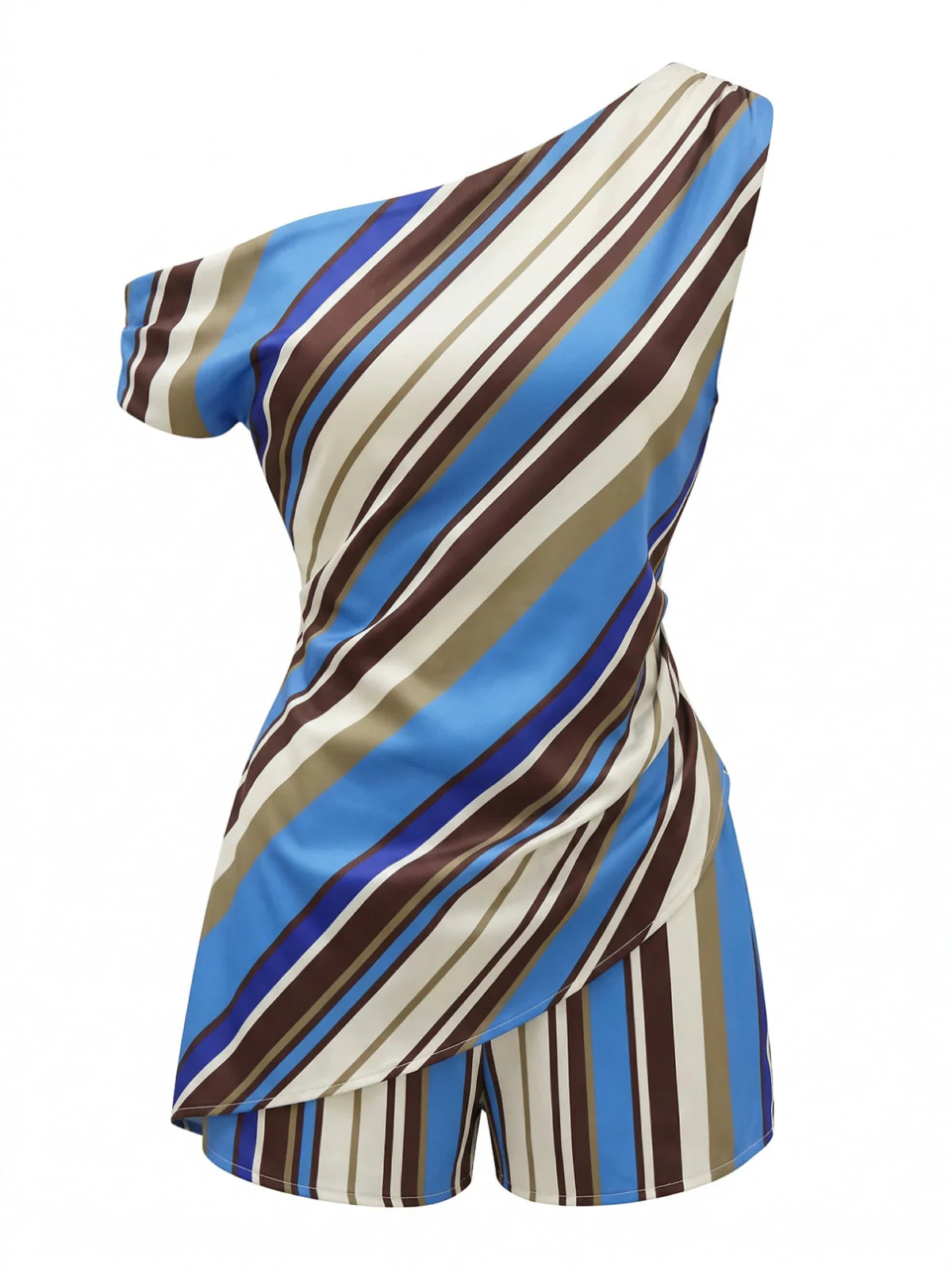 2PCS 1940s Colorblock Striped One-Shoulder Top & Shorts - Image 2