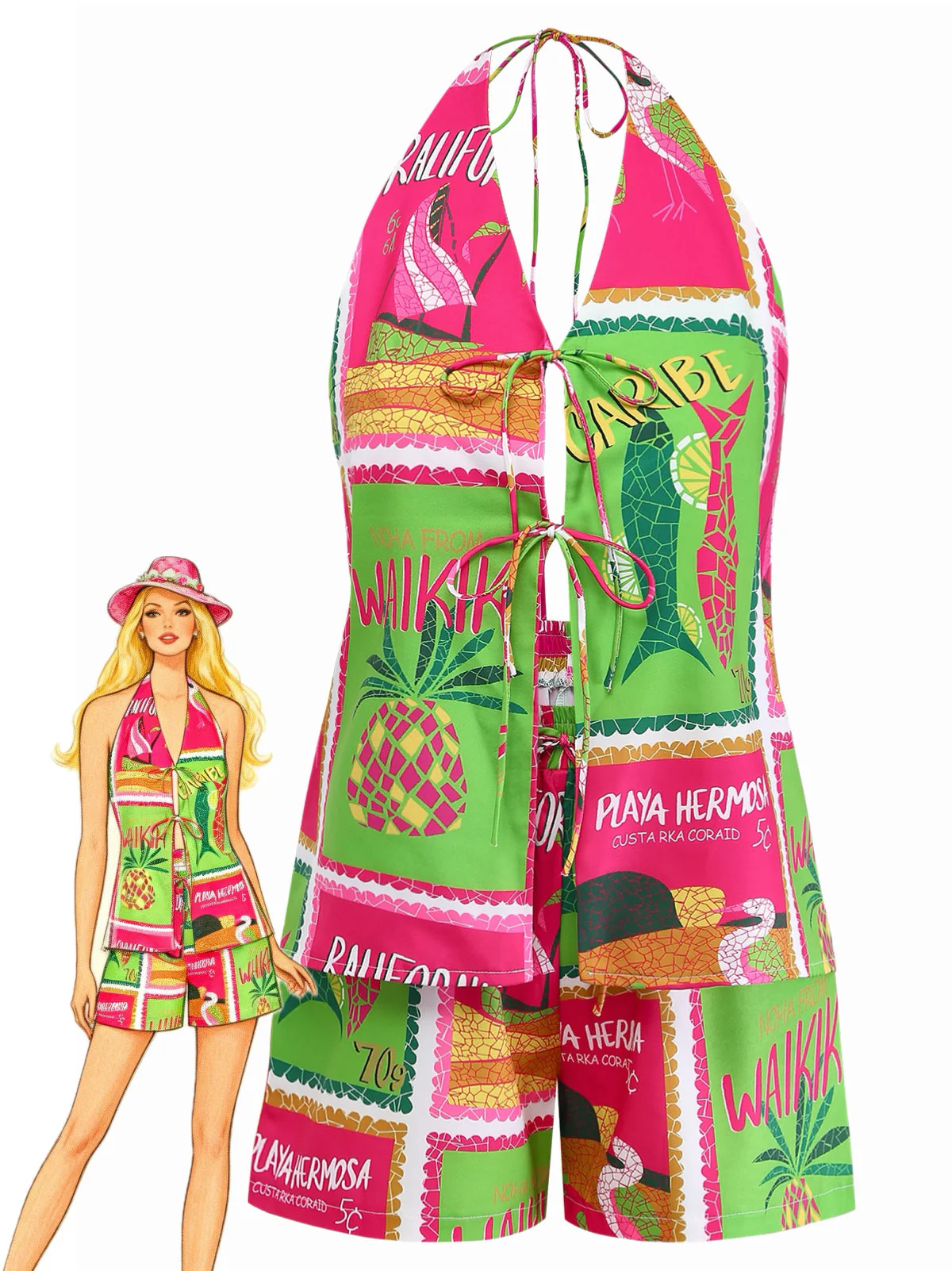 2PCS 1940s Floral Pineapple Spaghetti Strap Cardigan & Shorts