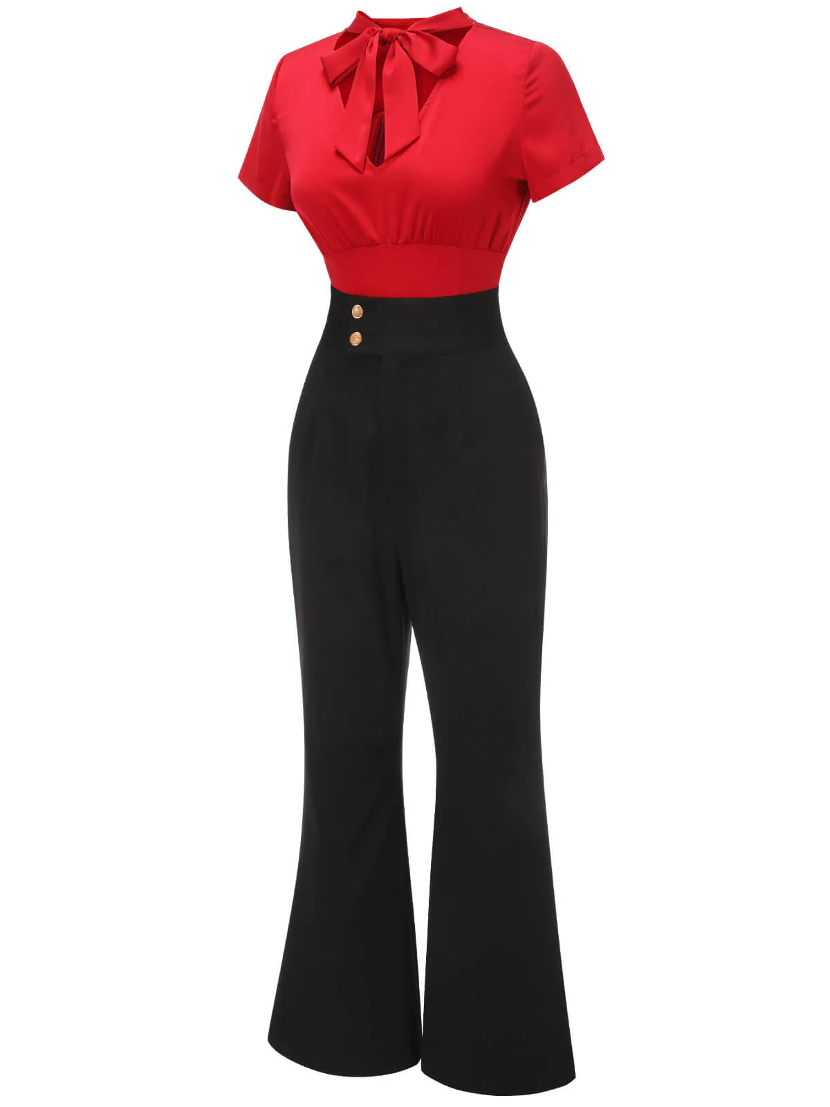 2PCS 1940s Red Tie-Up Blouse & Black Pants - Image 3
