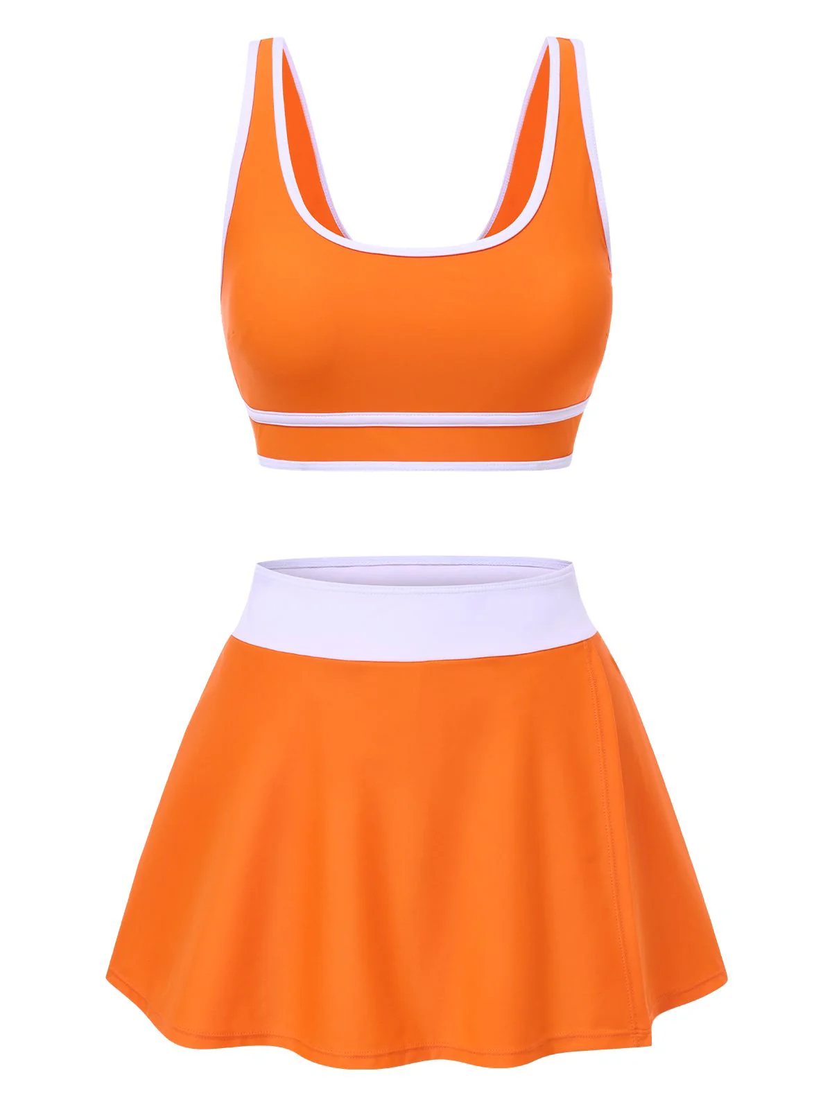 2PCS 1940s Square Neck Side Slit Colorblock Skirt Swimsuit